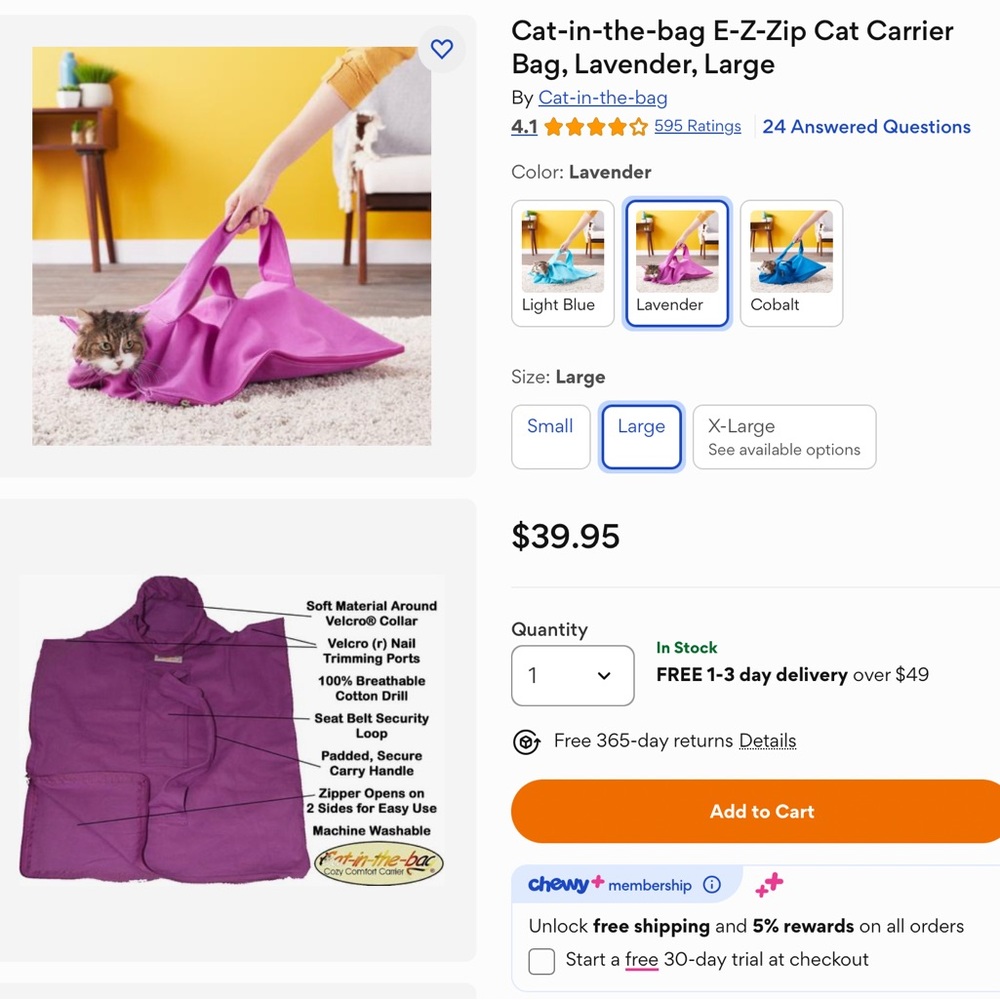 E-Z-Zip Lavender Cat Carrier Bag